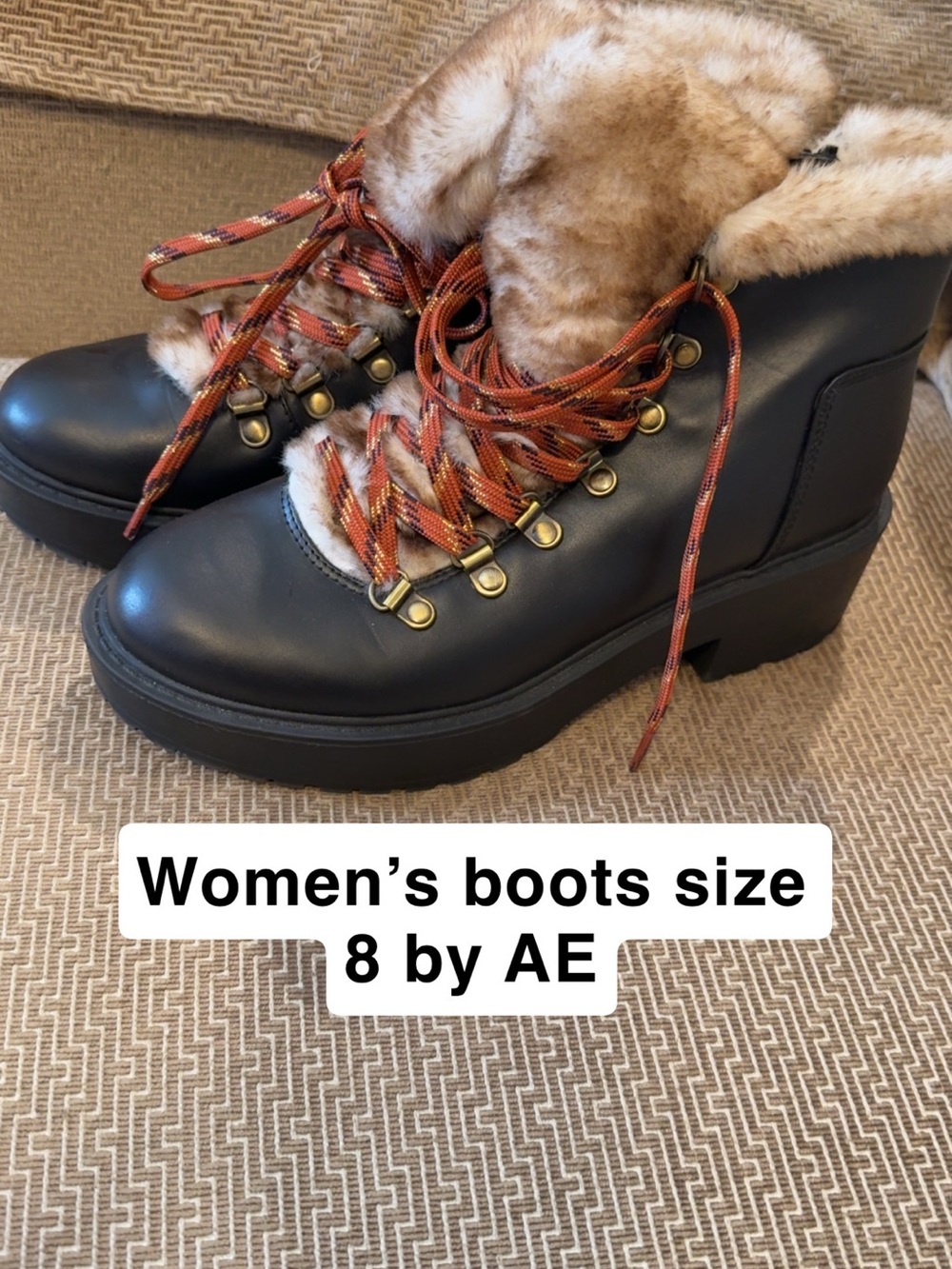 American Eagle Outfitters Women’s Black Faux-Fur Hiker Platform Boots
